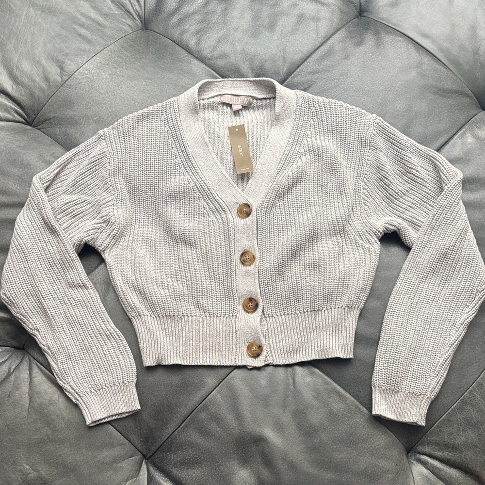 J. Crew Light Gray Cropped V-Neck Button Cardigan